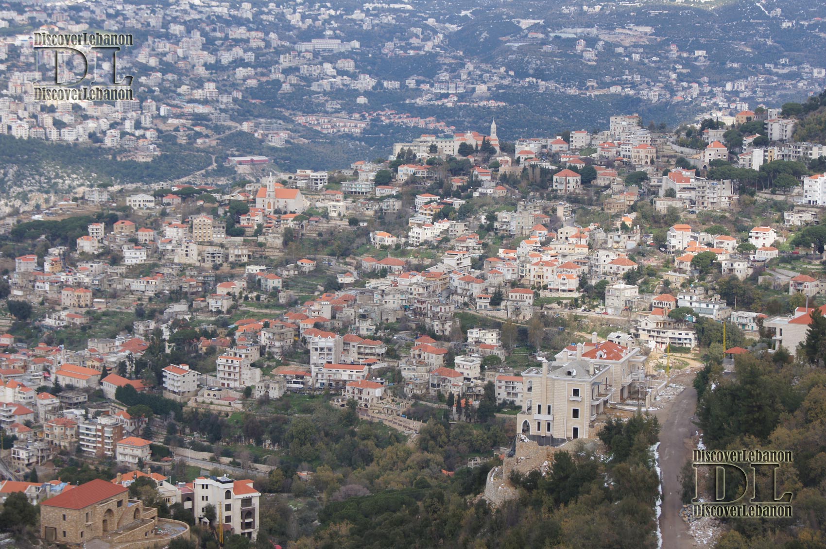 Aerial view of beit Chabab red-roof houses village
