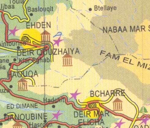 Maps of Lebanon, Location and address, ehden, bcharre, deir qouzhaiya, qanoubine, hasroun, deir mar elicha