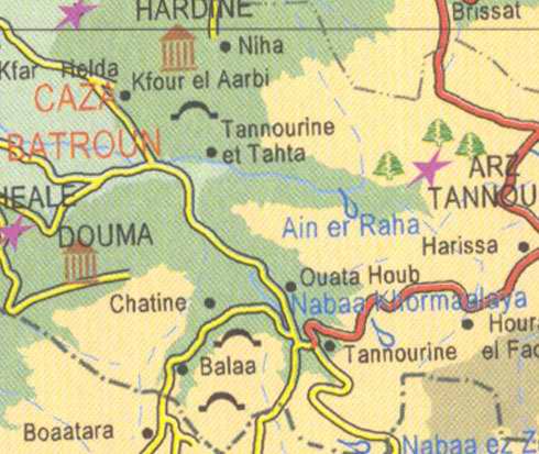 Maps of Lebanon, Location and address, batroun, niha, douma, chatine, ain er raha, harissa, tannourine, balaa