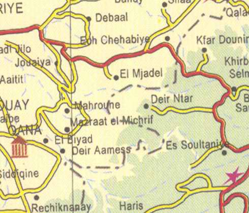 Maps of Lebanon, Location and address, debaal, jouaya, el mjadel, qana, haris, es soultaniye, deir ntar, el biyad