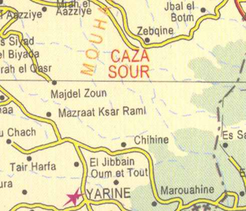 Maps of Lebanon, Location and address,  majdel zoun, yarine, chihine, marouahine, tair harfa, zebqine, sour